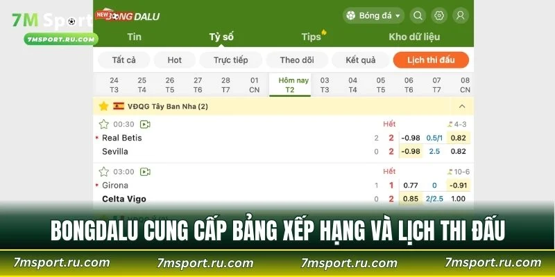 Bongdalu cung cấp bảng xếp hạng và lịch thi đấu